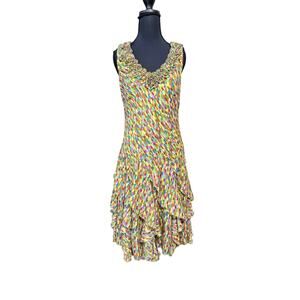 Vintage Bethany green confetti midi dress fiesta eclectic size 4 belted ruffles